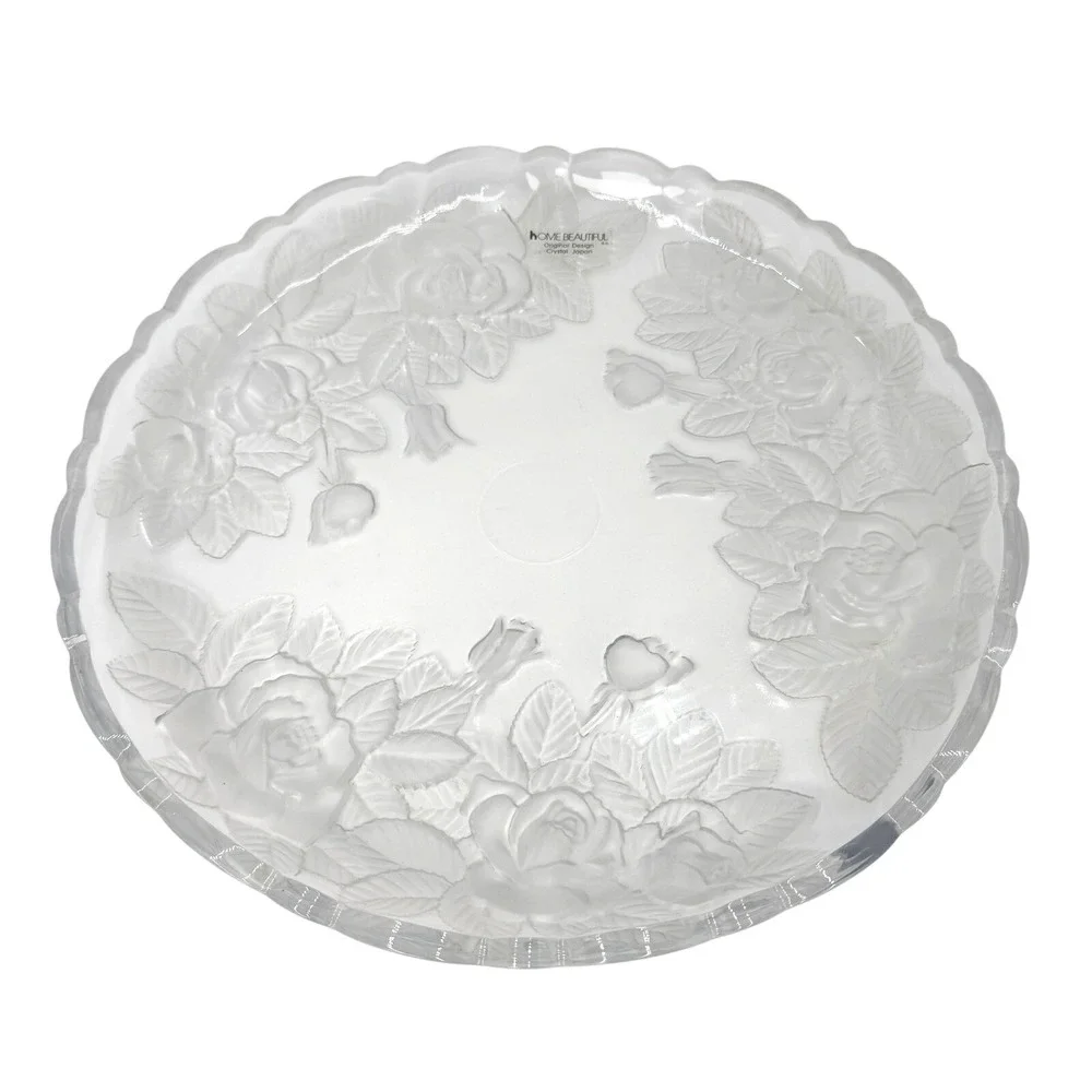Home Beautiful Crystal Japan Frosted Rose Scalloped Round‎ Platter Serving Tray